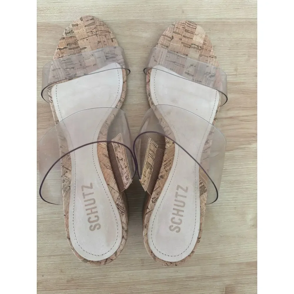 Schutz Clear Cork Shoes Victorie Sandal 9B $140 Vinyl Leather Boho Heel Slip on